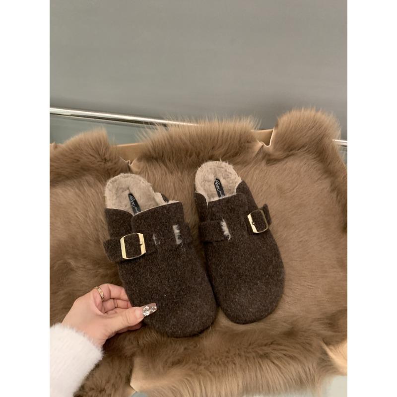 

Ретро пряжка на ремне бархатные тапочки женские новые ленивые тапочки на один педаль теплые с закрытым носком 40 кофейный