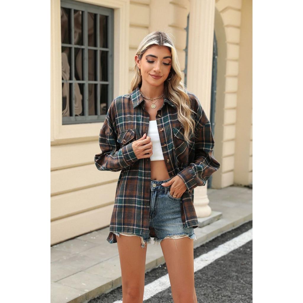 Women's Loose Long Sleeve Plaid Turn-down Collar Pocket Shirt  Autumn Winter New Arrival, Casual Blouse Top for Women, Ready to Ship