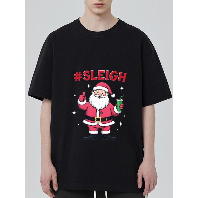 

Christmas T-Shirt Black Santa Claus with Sleigh Hashtag and Drink Print for Holiday Party XXXXL