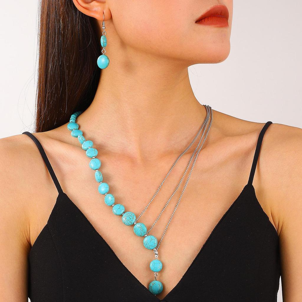 Vintage Turquoise Patchwork Necklace & Heart Earrings Bohemian Jewelry Set