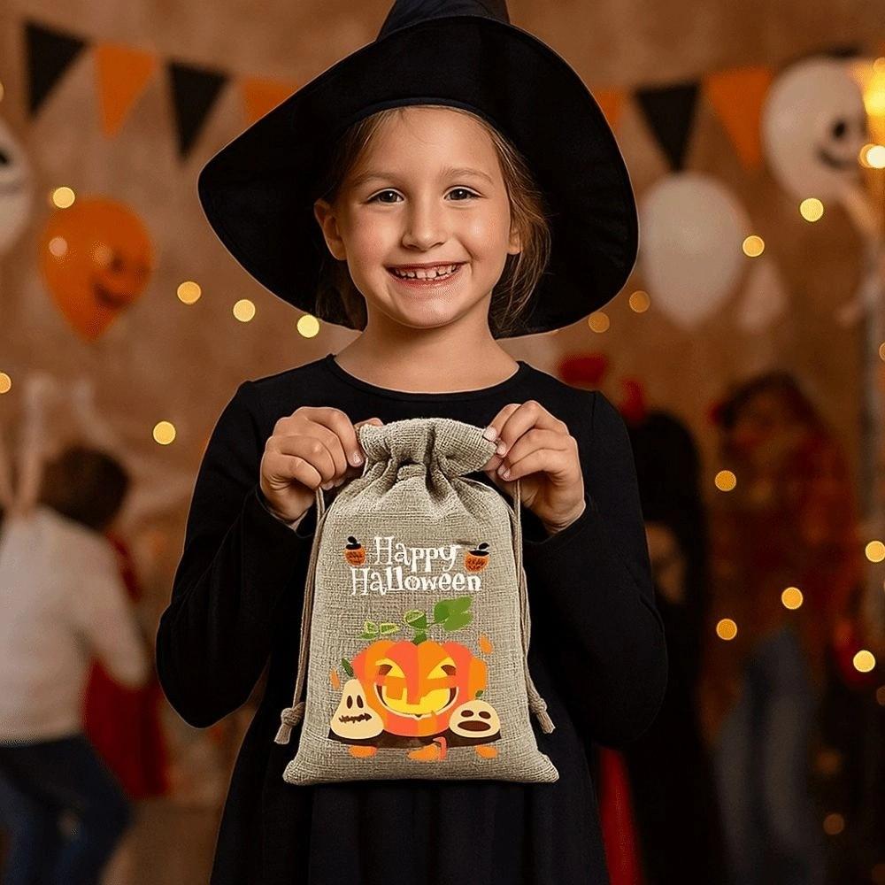 12Pcs Handheld Halloween Linen Drawstring Bags Pumpkin Ghost Pumpkin Sugar Pocket  Snacks