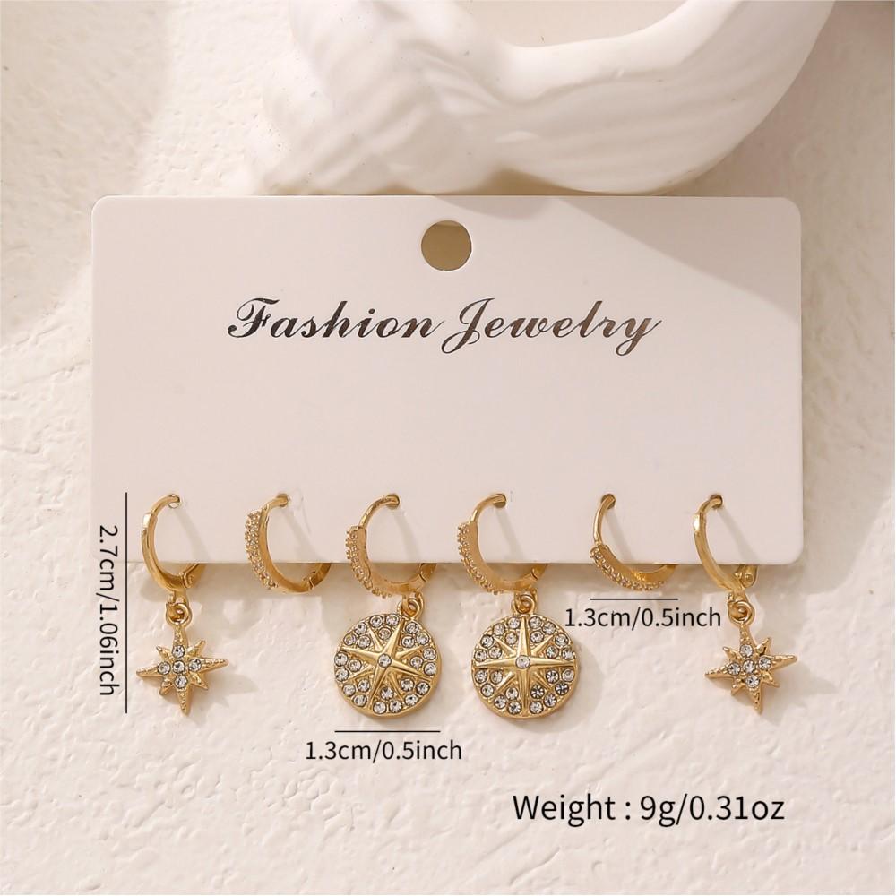 3 Pairs/Set Golden Star Design Shiny Rhinestone Inlaid Dangle Earring for Women Eleagnt Luxury Female Jewelry Gifts