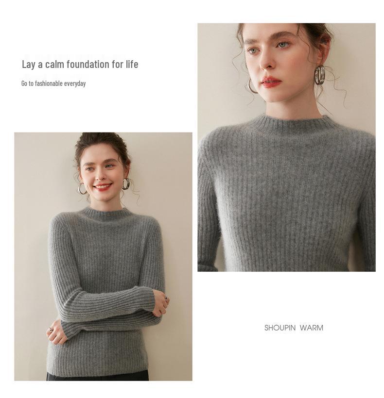2025 Autumn/Winter Women's Slim-Fit Half-High Neck Solid Cashmere Ribbed Sweater