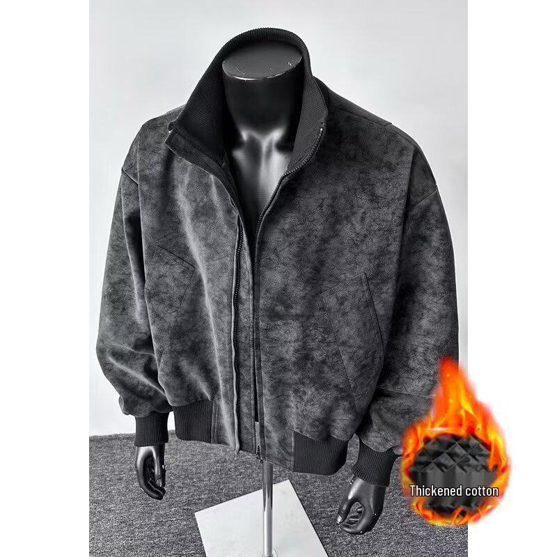 Men's Tie-Dye Leather Bomber Jacket with Stand-Up Collar - Trendy Autumn Heavyweight Outerwear