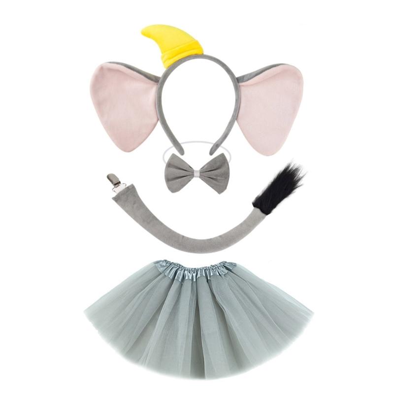 1/3/4 Delar Elefant Kostym Set Elefantöron Hårband Svans Fluga Tutu för Halloween Utklädnad Djur Cosplay Kostym