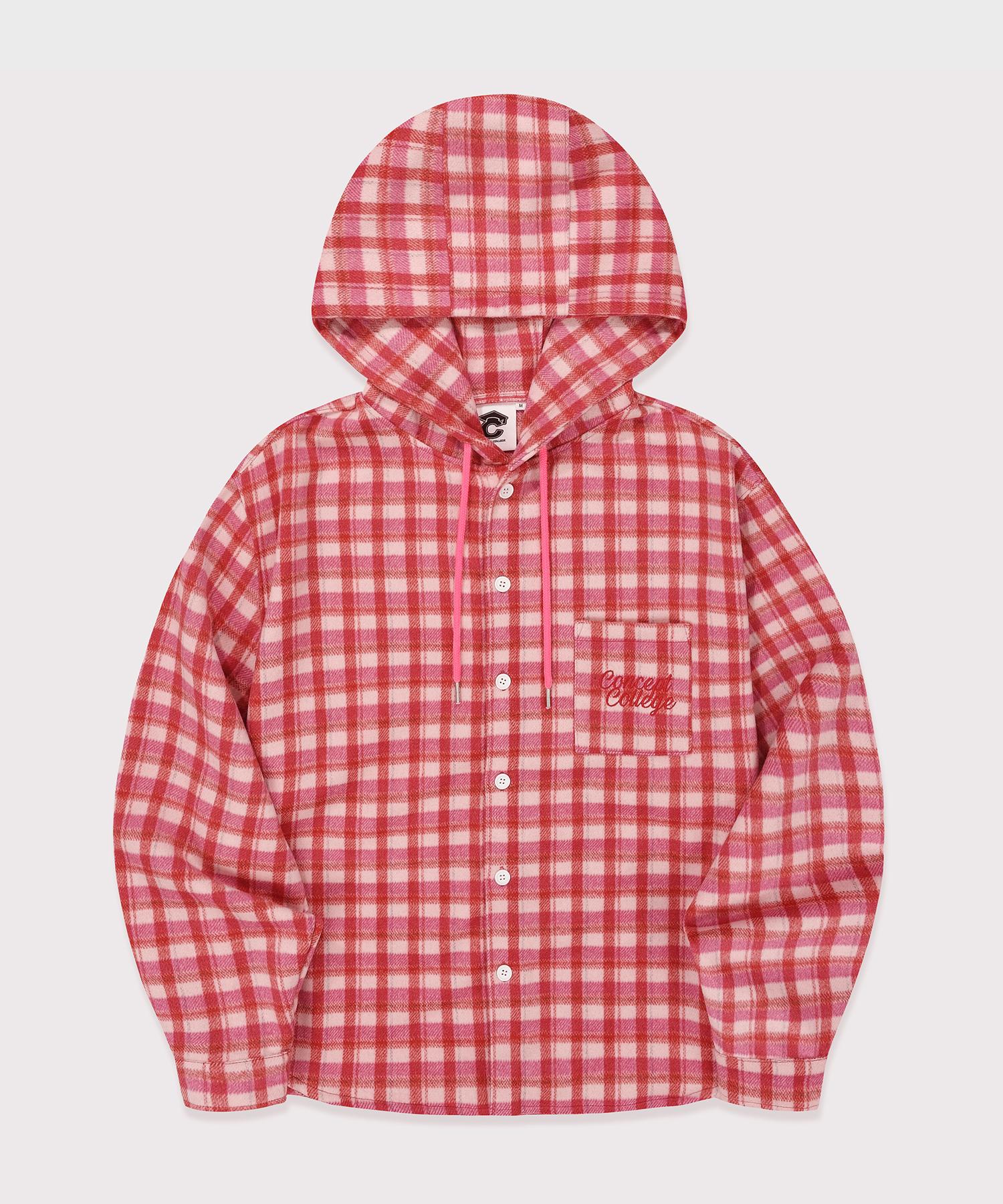 Concept College Basic Logo Flannel Check Hoodie_Pink [Unisex] Pink/M