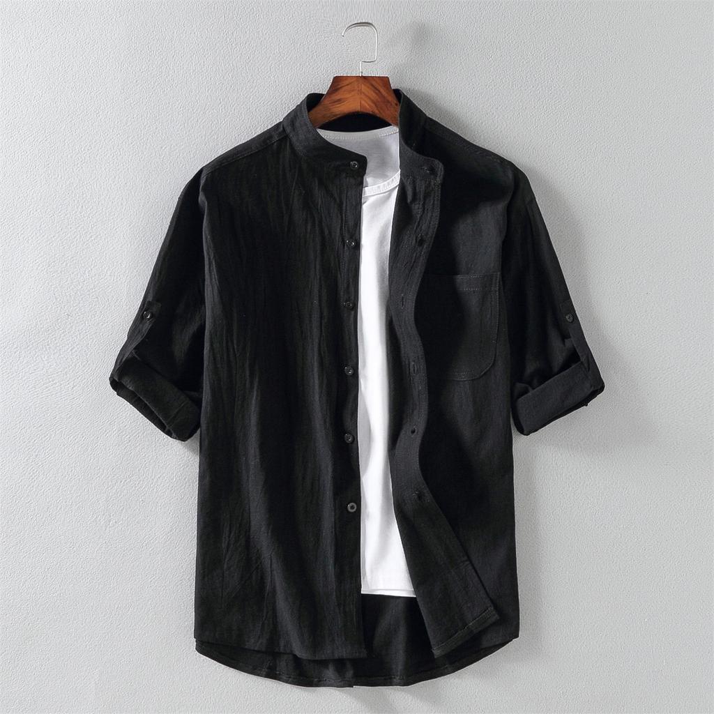2022 Summer New Casual Men's Shirt Cotton Solid Color Three Quarter Shirts For Men