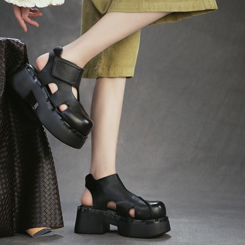 Johnature Echte Leder Höhe Steigernde Dicke Sohle Sandalen Runde Zehen Damen Plateau Schuhe