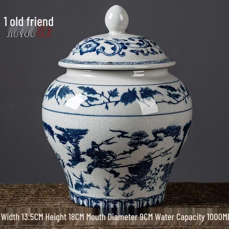Blue & White Ceramic Tea Storage Jar - Retro Pottery Design, Moisture-Proof Seal