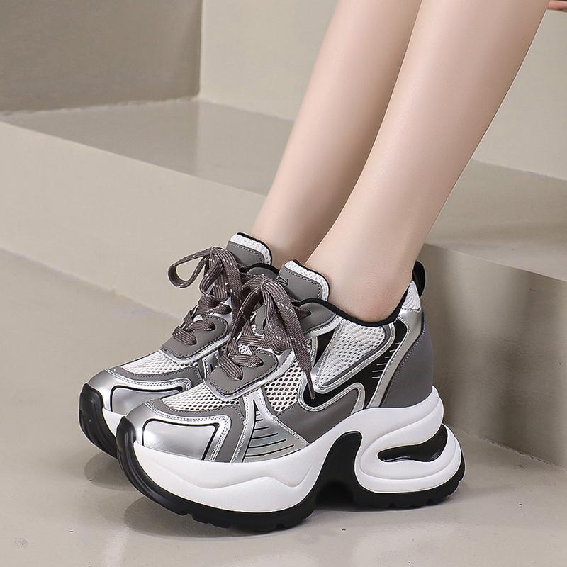 Fashion High Platform Casual Lace-up Sneakers for Women 2025 Fashion Designer Lightweight Breath Mesh Leather Thick Heel Sport Dad Shoes