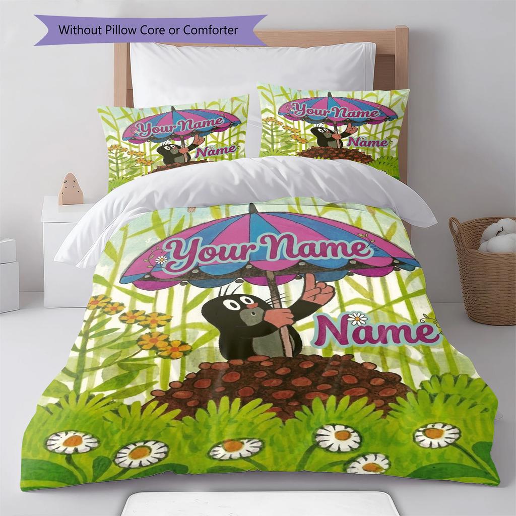 Animal Friends Garden Custom Name Pattern Bedding Quilt Set Quilt Cover Pillowcase Home Birthday Gift(1 * Duvet Cover + 2 * Pillowcase, Without Core)