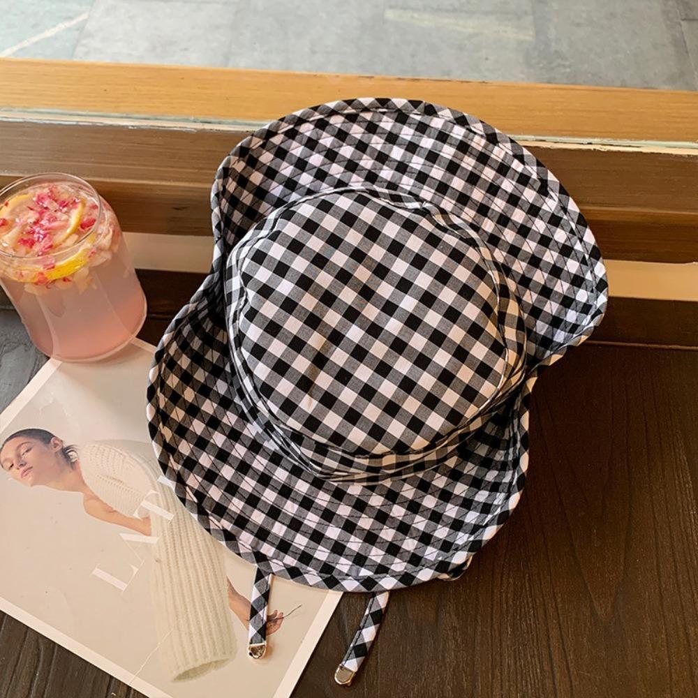 Fashion Vintage Bucket Hats Sweet Lace-up Plaids Versatile Fisherman's Hat Big Brim Sun Protection Sun Hat Summer