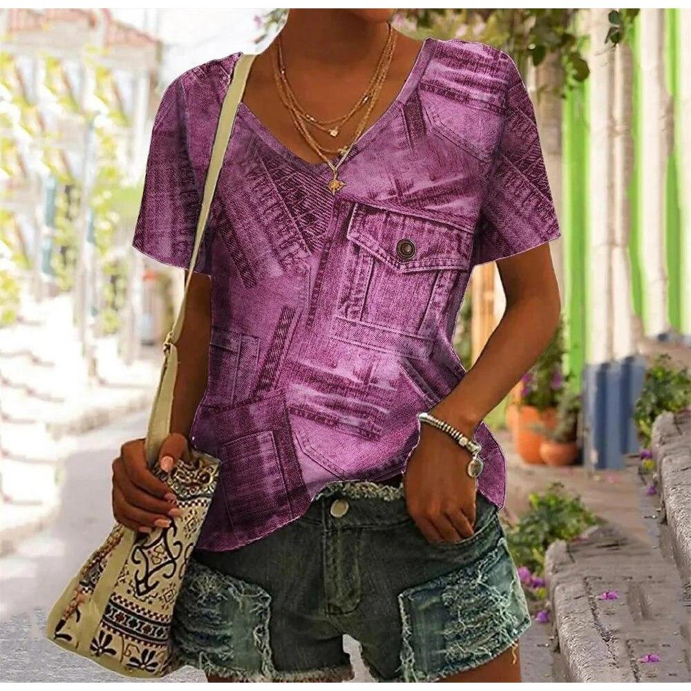 Abstract Face T-Shirts Fake Pocket 3D Print Women's V-Neck Short Sleeve T Shirt Y2K Casual Tees Harajuku Tops Female Clothing