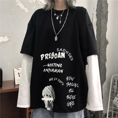 Camiseta Vintage Harajuku de manga larga para mujer, ropa de calle falsa de dos piezas, camiseta de retales con letras a la moda coreana, ropa Kpop