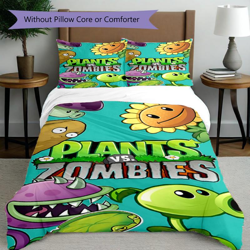 3pcs Duvet Cover Set (1*Duvet Cover + 2*Pillowcase, Without Core), Plants vs. Zombies Print Bedding Set, Bedroom Decor, All‑Season, Birthday Gift