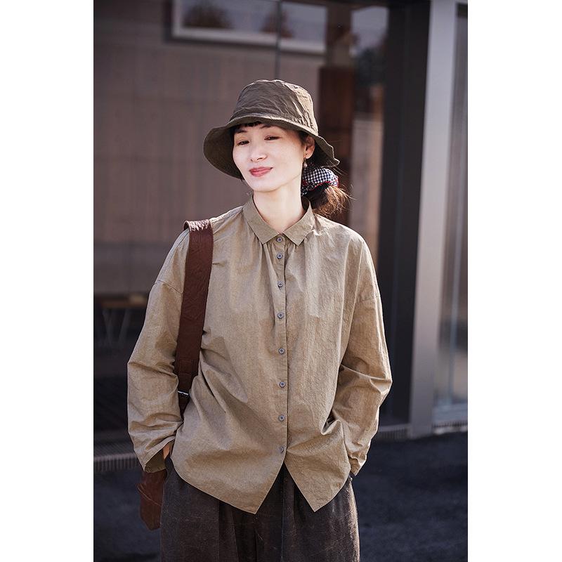 Retro Spring Sand-Toned Women s Pure Cotton Versatile Top L