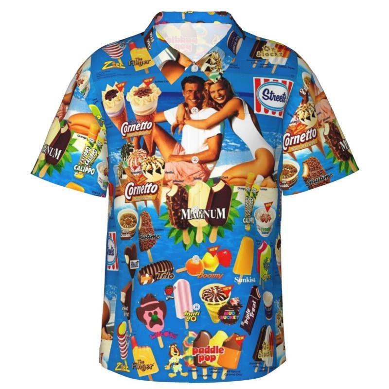 Camicia Hawaiana Vintage da Uomo con Gelato, Abbigliamento da Spiaggia, Vacanze Estive, Retrò, Menu, Poster, Camicie a Bottoni