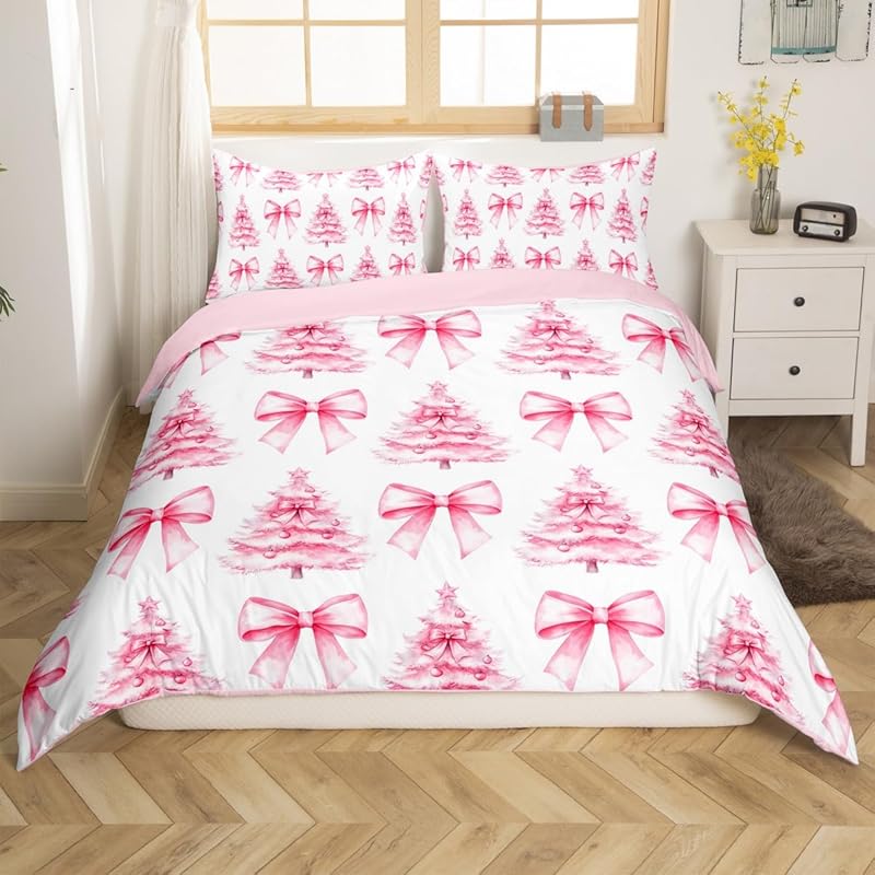 Cartoon pink bow princess bedding set, girls' bedroom decoration pink and white duvet cover, 2 pillowcases