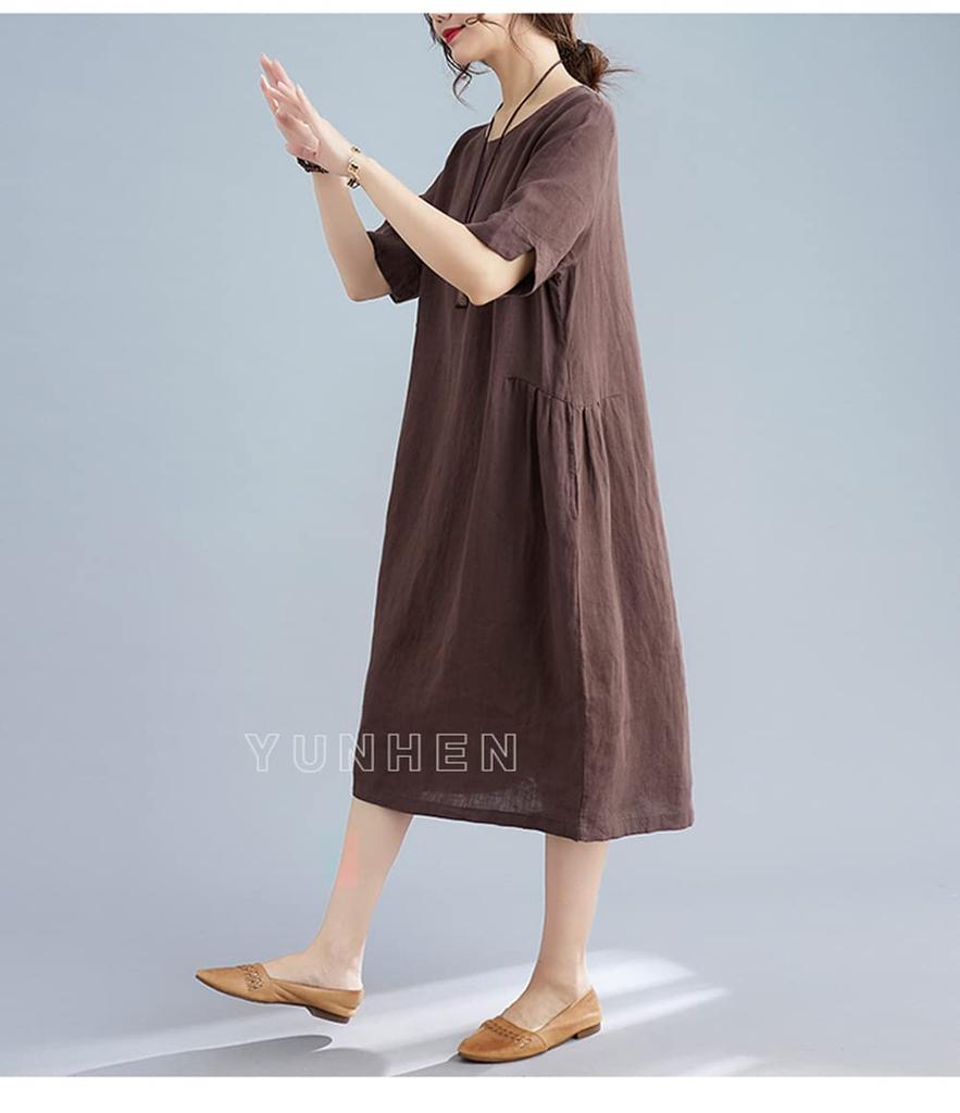 YUNHEN Summer Short Sleeve Loose Solid Plus Mori Girl 9 Women's Dress, Mid-Length, Fit, Color, Sizes, Style, Cotton/Linen, Figure-Flattering (Color