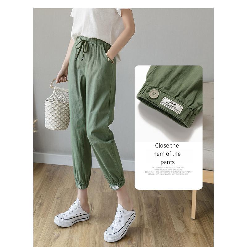 2026 Women's Thin Cotton-Linen Pants, High-Waisted, Loose-Fit, Cuffed, Nine-Quarter Length, Casual Harem Pants