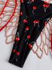 Cherry Print Lace-up Color Block Bikini Thong Set