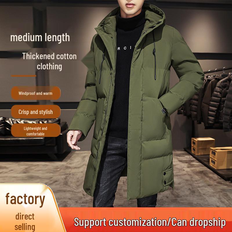 2025 Men's Mid-Length Hooded Winter Jacket - Thick Plus Size Cotton-Padded Coat
