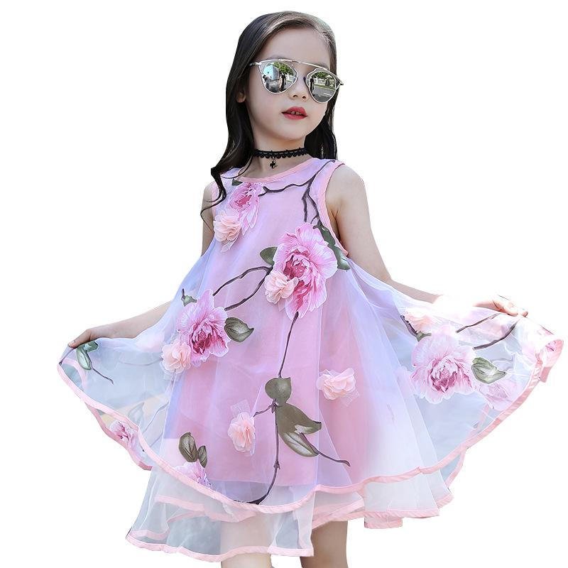 2025 New Summer Girls' Sleeveless Floral Chiffon Beach Dress for Toddlers & Kids