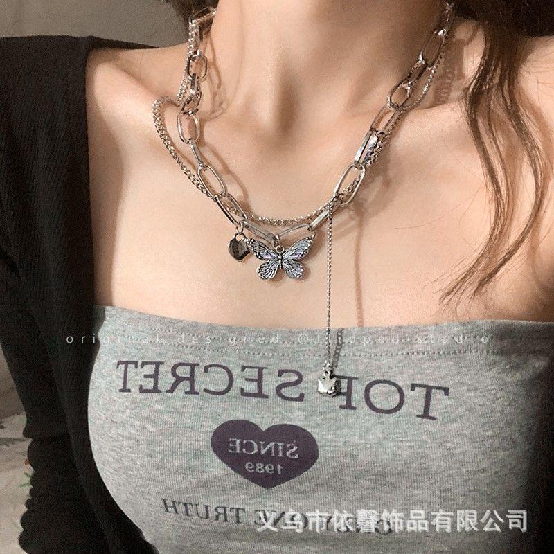 Double-Layered Butterfly Splicing Necklace - Hip-Hop Cold Style for Women