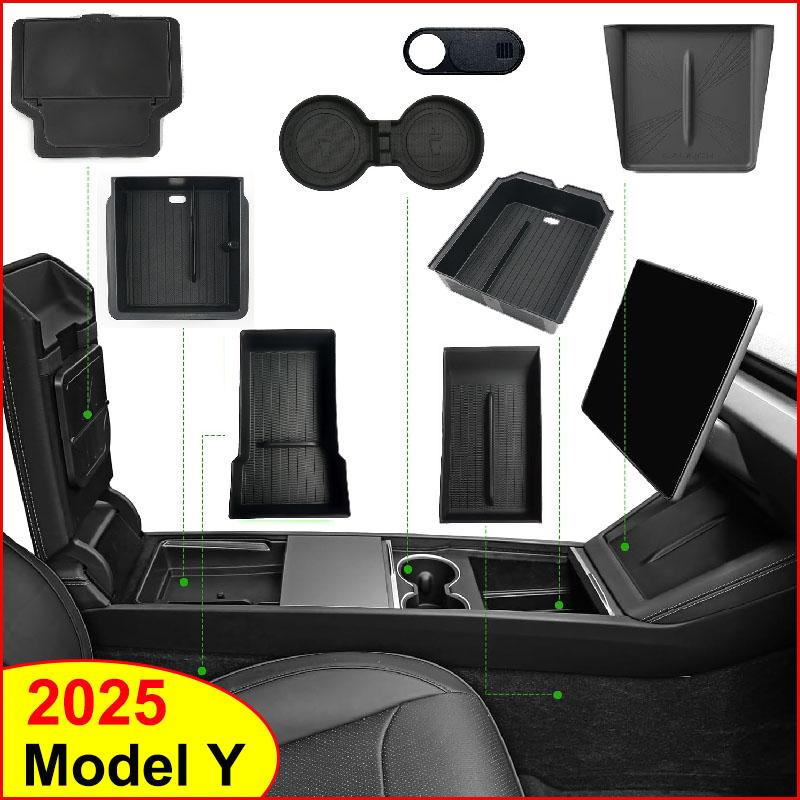 For Tesla New Model Y 2025 Launch Juniper Console & Armrest Upper and Lower Flocking Storage Box Watercup Holder Camera Cover