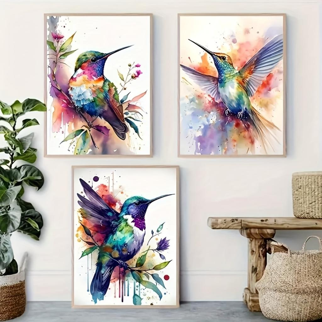 Bohemian style hummingbird canvas art prints set of 3, watercolor bird wall decor, unframed modern abstract artwork for living r
