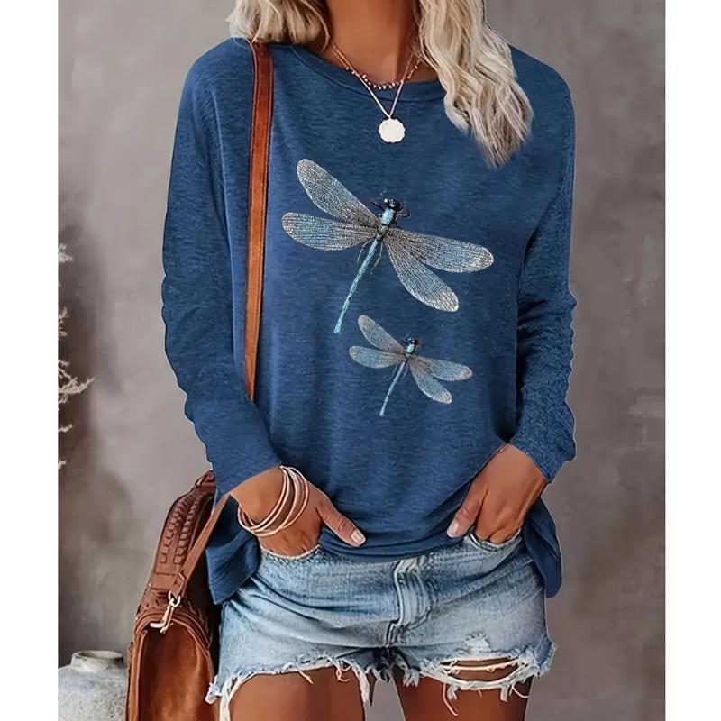 

2025 Autumn & Winter Women s New Casual Crew Neck Long Sleeve Top 3D Dragonfly Pattern XS синий
