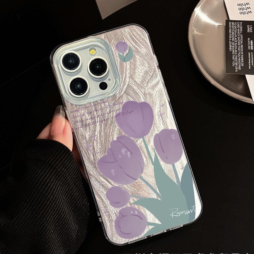 Purple tulip flower iphone15 anti-drop feather yarn mobile phone case 17air matte protective case 16pro women's model