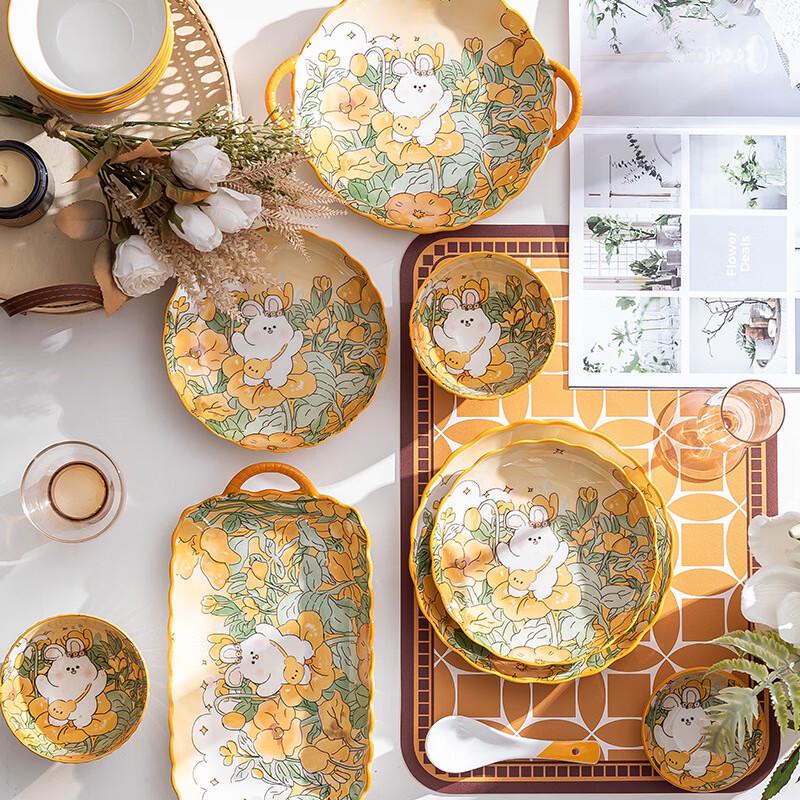 Hecai Flower Rabbit 16-Piece Ceramic Dinnerware Set