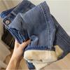 Women's Fleece-Lined Jeans High-Waisted Petite Straight-Leg Pants Loose Fit for Autumn Winter Thickened Denim