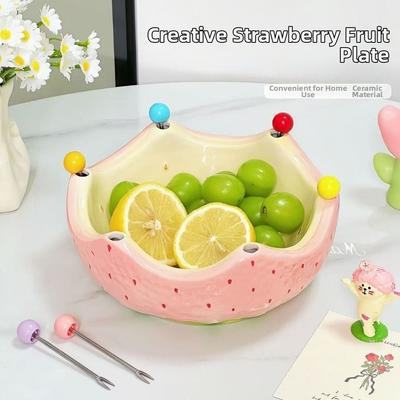 2 In 1 Ceramic Fruit Plate Strawberry Orange Shape Salad Serving Fruit Serving Plate Decoration with Forks Fruit Fork Set