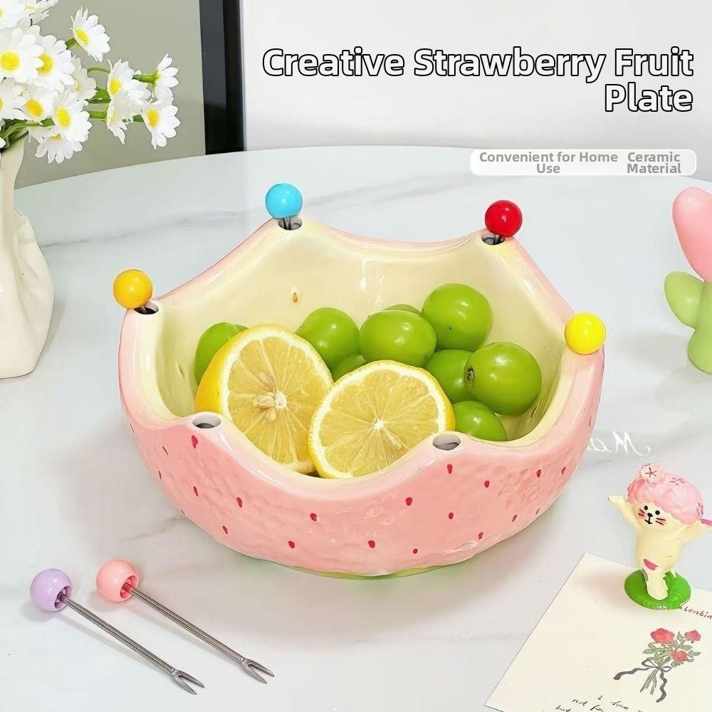 2 in 1 Ceramic Fruit Plate Strawberry Orange Shape Salad Serving Fruit Serving Plate Decoration with Forks Fruit Fork Set