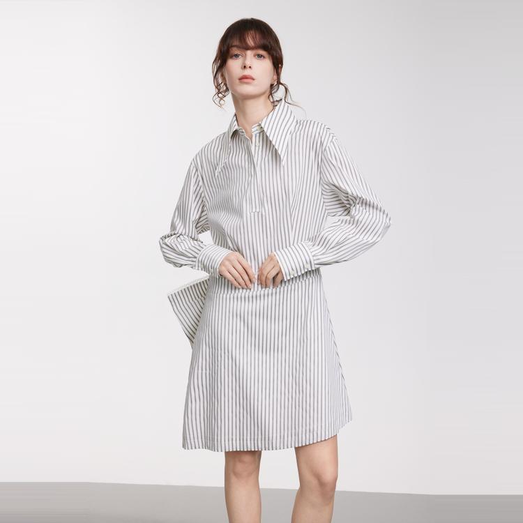 ELLE Striped Pointed Collar Loose Long Sleeve Dress Women dress White L8CLM119