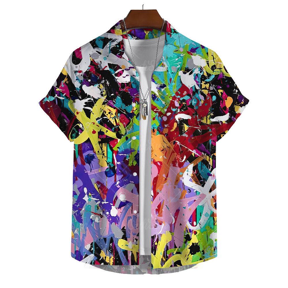 Street Fashion Graffiti Print Men s Casual Short Sleeve Shirt Summer Hawaii Beach Vacation Men s Shirt Oversized Tops S