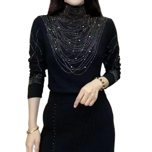 Europäischer Stil Damen Strass Halbhoher Kragen Langarm T-Shirt