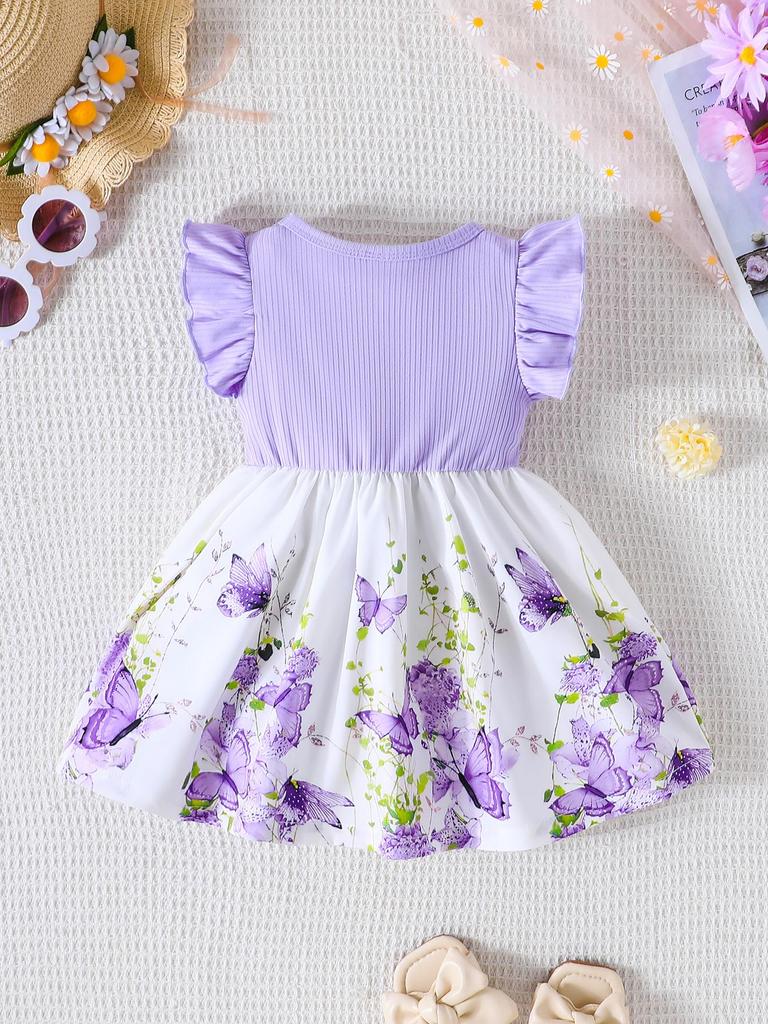 Infant Toddler Girl Floral Butterfly Dress, Ruffle Sleeve Bow Accent Dress, Casual Summer Outfit 6-36M