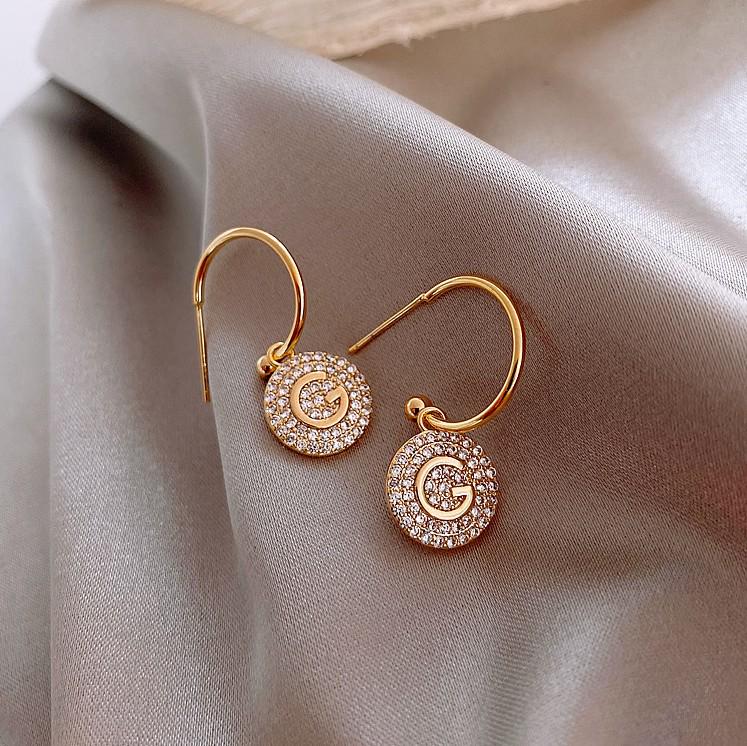 Rhinestone Round Letter G Stud Earrings - Fashion Accessory Alloy
