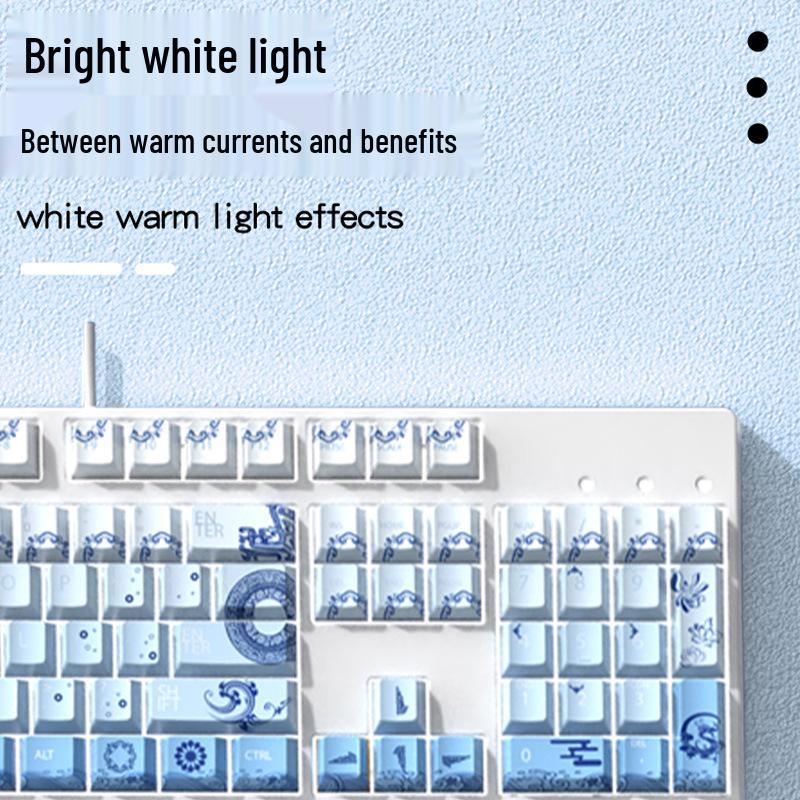 Blue & White Porcelain Wired Gaming Keyboard - 104-Key Mechanical with Blue Switches, Silent Typing, Cute Design for Girls & Office Use