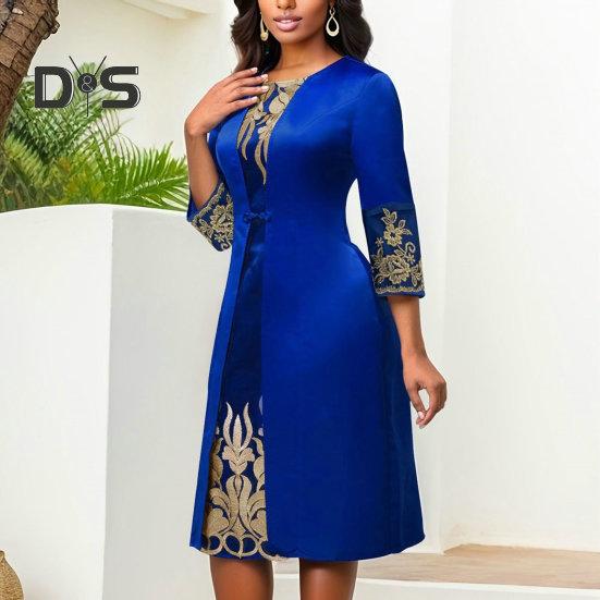 Frauen Retro Taille Eng Slim Fit Kleid O Neck 3/4 Hülse Stickerei Floral Spitze Nähte Kleid Kleid Streetwear