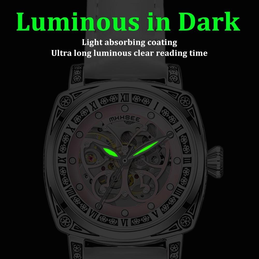 Automatic Mechanical Watch for Women Hollow‑Out Skeleton Dial Luminous Hands Watch Leather Band Waterproof