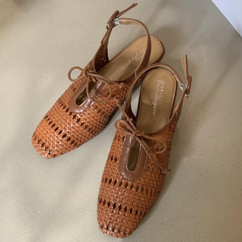 Fashion Retro Hollow Woven Low Heel Pumps Women Fashion Back Strap Buckle Mules Shoes Elegant Lace Up Brand Designer Shoes Zapatos Mujer