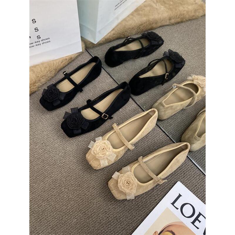 Nana's 2025 French Gentle Flat-bottomed Flower Ballet Single Shoes Women's Retro One-word Buckle Mary Jane Small Leather Shoes