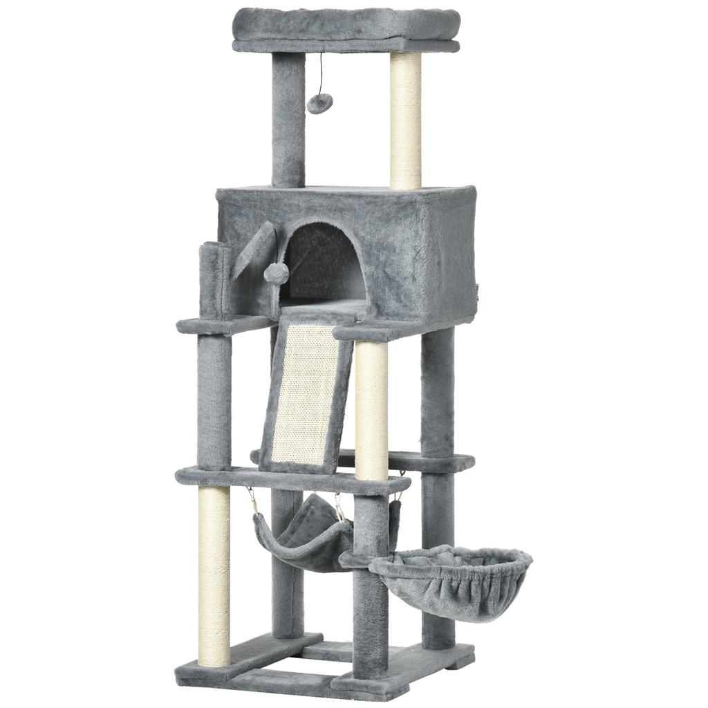Cat Scratching Tree with Sisal Posts, House, Bed and Hammocks, 48x48x140cm, Grey