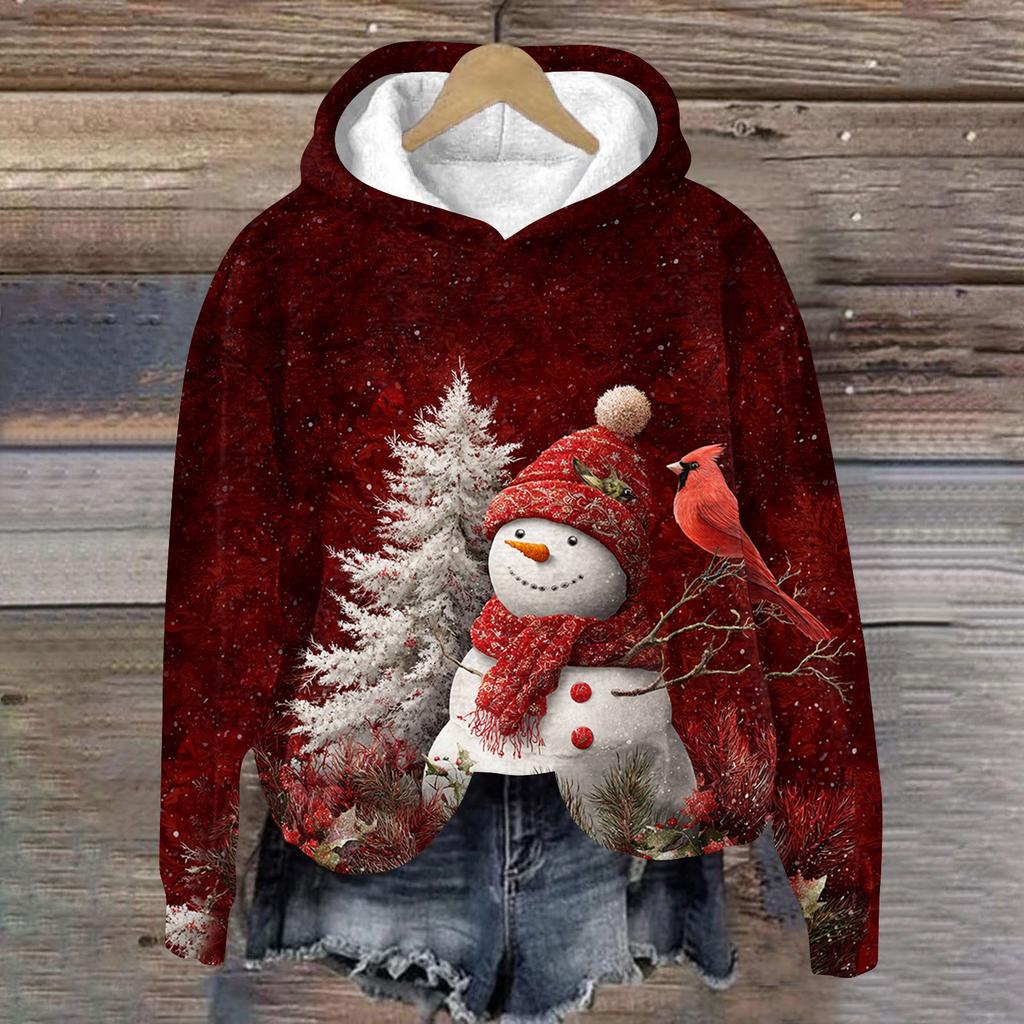 Women's Fashion Long Sleeve Christmas Print Loose Hooded Sweatshirt Top