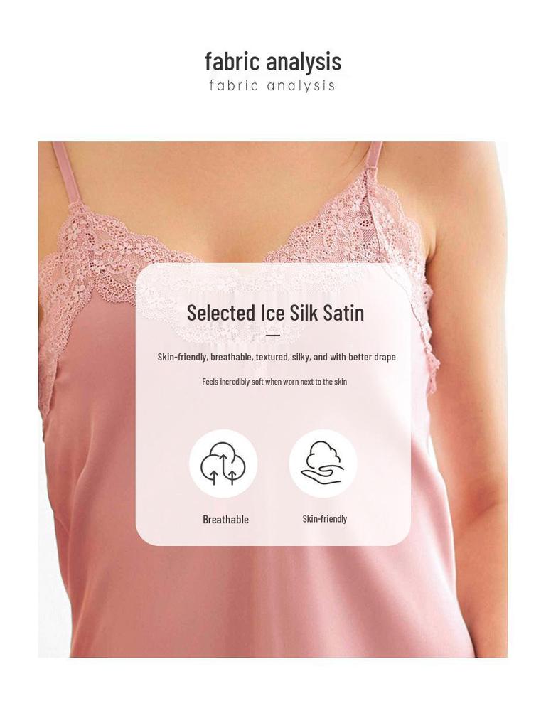 Cross-border Ice Silk Sheer Lace Deep V-Neck Women's Sexy Slip Dress Nightgown