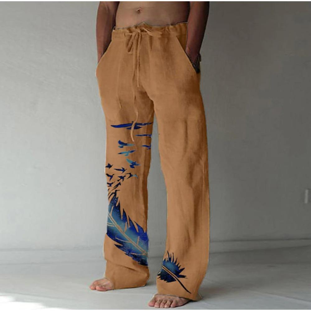Men's 3D Feather Pattern Printed Baggy Casual Trousers,  Elastic Drawstring Waist with Pockets, for Spring Summer Home Outdoor Vacation